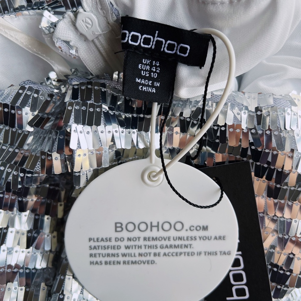 NWT Boohoo Silver Square Neck Sequin Midi Dress size 10 - Picture 8 of 8